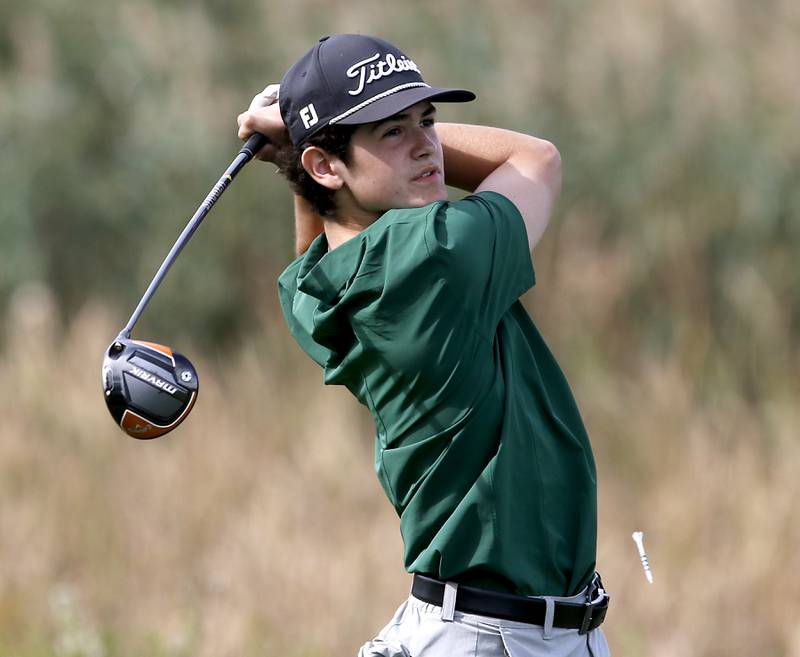 Crystal Lake South’s AJ Mitchell watches his tee shot on the seventh hole during the IHSA Class 2A Crystal Lake South Boys Golf Regional on Wednesday, Oct. 1, 2025 at RedTail Golf Club in Lakewood.