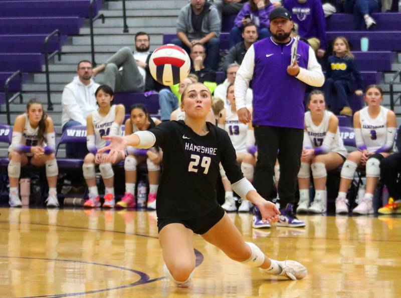 Hampshire’s Peyton Wurtz plays the ball against Libertyville in an IHSA volleyball Class 4A Sectional Championship at Hampshire High School in Hampshire on Thursday, November 6, 2025.