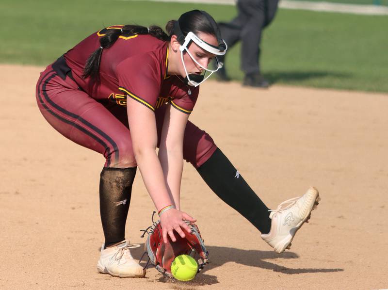 Richmond-Burton’s Hailey Holtz fields a grounder in varsity softball on Tuesday, April 22, 2025, at Marengo High School in Marengo.