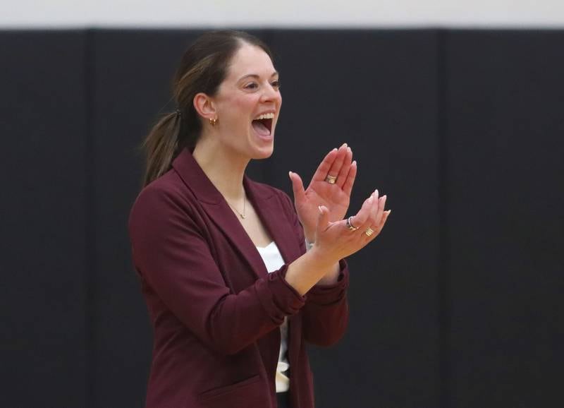 Prairie Ridge’s Head Coach Leah Groat guides the Wolves against St. Viator in IHSA Class 3A Super-Sectional girls volleyball at Streamwood High School in Streamwood on Monday, November 10, 2025.