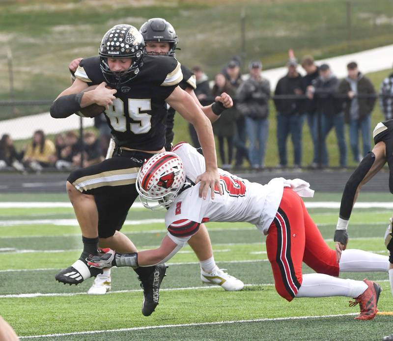 Forreston's Connor Politsch (2) reaches for Lena-Winslow's Aiden Wild (85) in 1A playoff action in Lena on Saturday, Nov. 1, 2025.