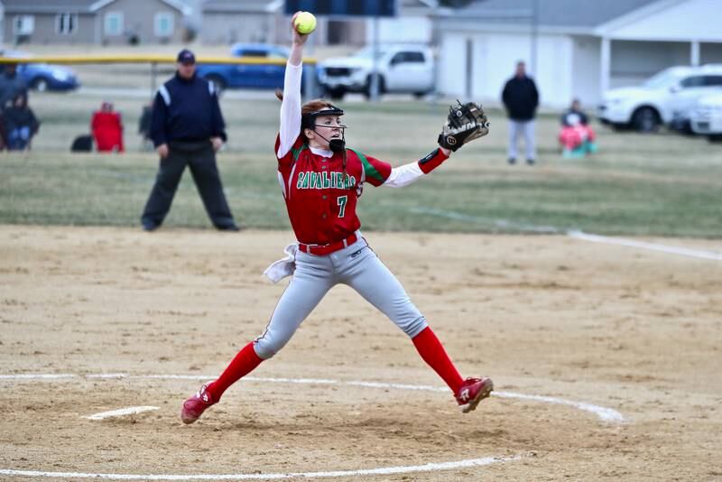 L-P's Chloe Mitchell fires a pitch in Tuesday's game at Princeton. She was backed by eight runs in the seventh inning as the Cavs posted a 15-8 victory.