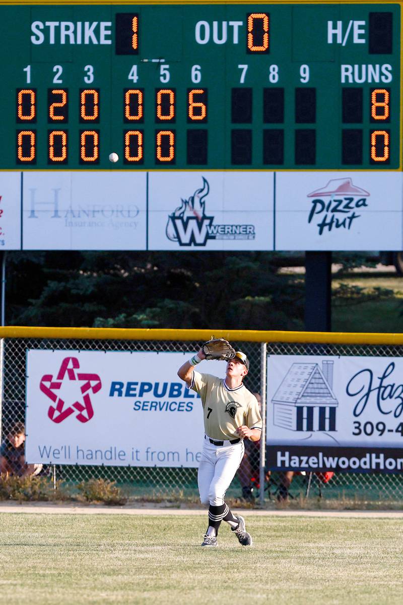 Sycamore's Kiefer Tarnoki (7) catches a fly ball during the sixth inning of an Illinois Class 3A super-sectional, Monday, June 5, 2023, in Geneseo.
