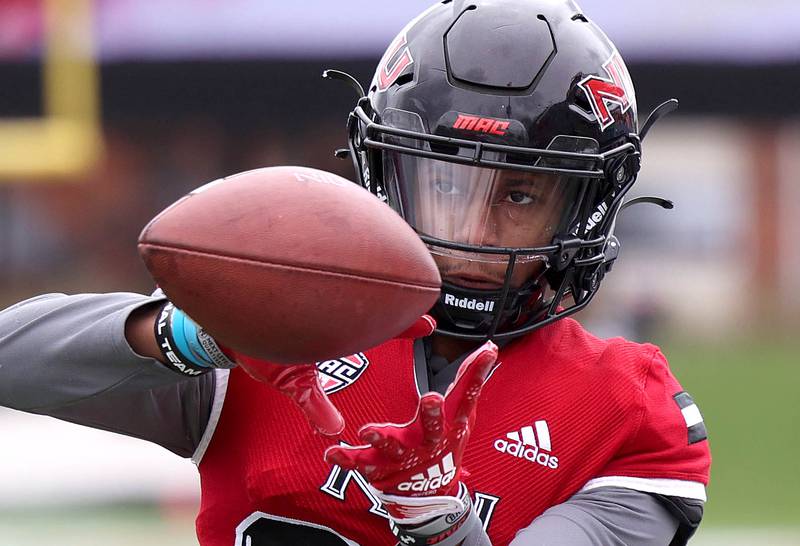 Northern Illinois wide receiver Malik Armstrong catches a pass during the Spring Showcase Saturday, April 22, 2023, at Huskie Stadium at NIU in DeKalb.