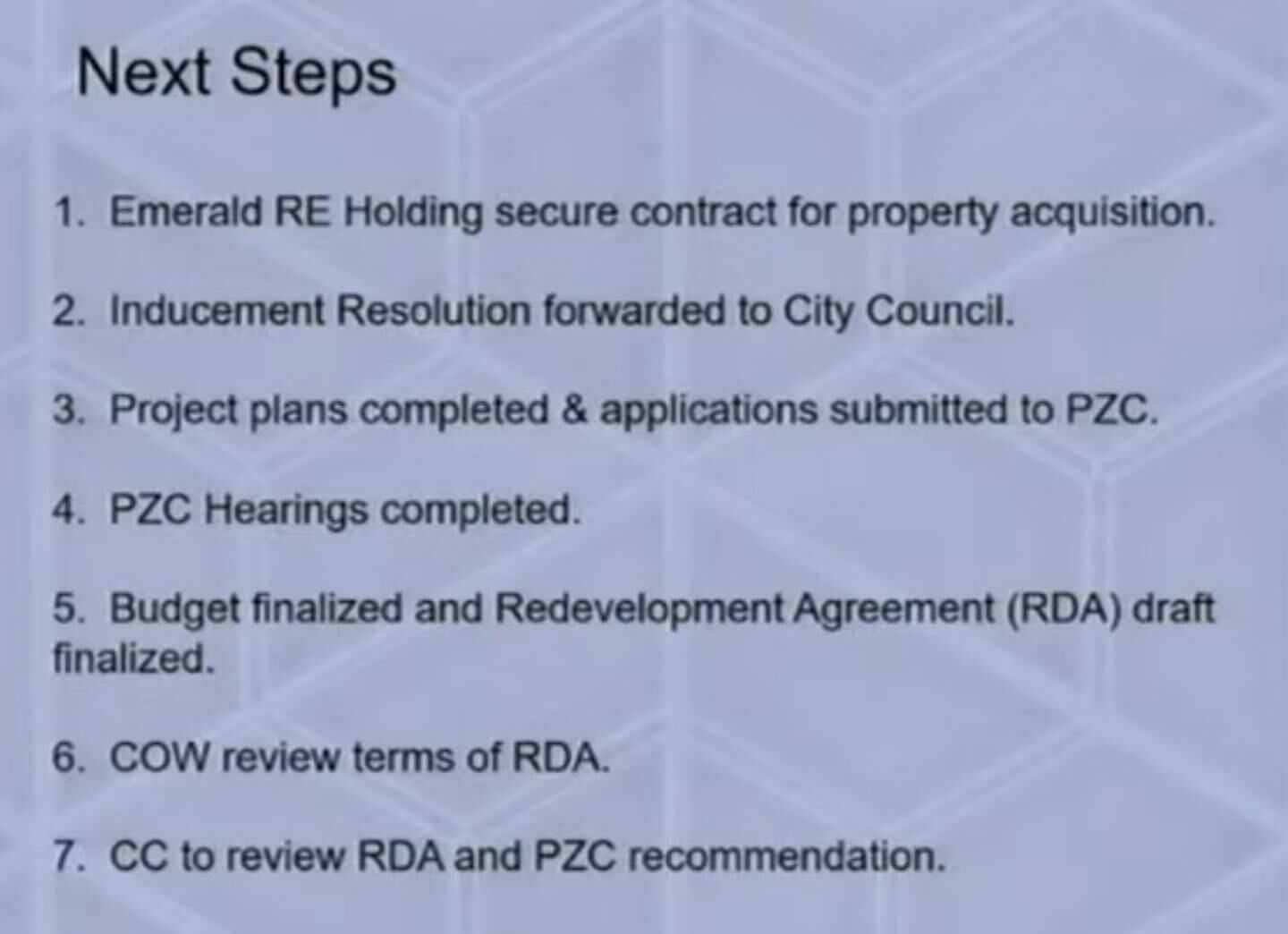 City officials list the next steps if the Great Western Flooring project proves viable.