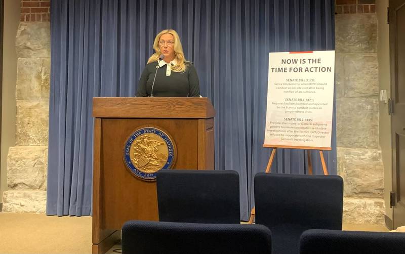 Sen. Sue Rezin, R-Morris, talks Thursday, March 10, 2022, at the State Capitol in Springfield about bills she has reintroduced in response to a COVID-19 outbreak in 2020 at the La Salle Veterans’ Home.