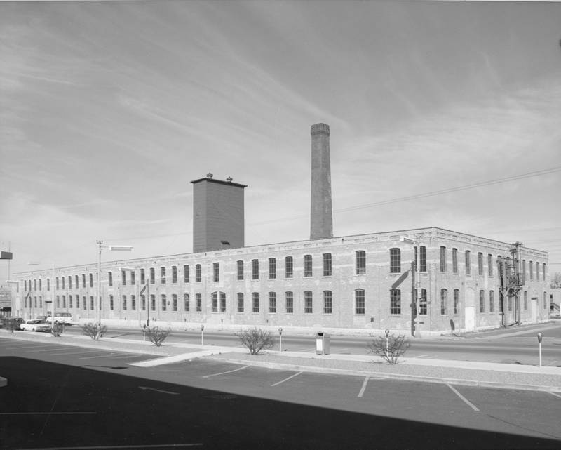 Nehring Electrical works—previously the Jacob Haish Wire Factory—​Sixth Street and Lincoln Highway in DeKalb looking north from the parking lot of the new post office, November 1975.
