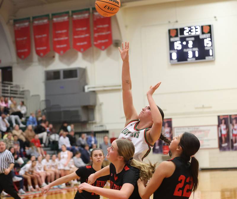 L-P's Brianna Ruppert lets go of a shot under the hoop against Hall on Monday, Jan. 12, 2026 in Sellett Gymnasium at L-P High School.