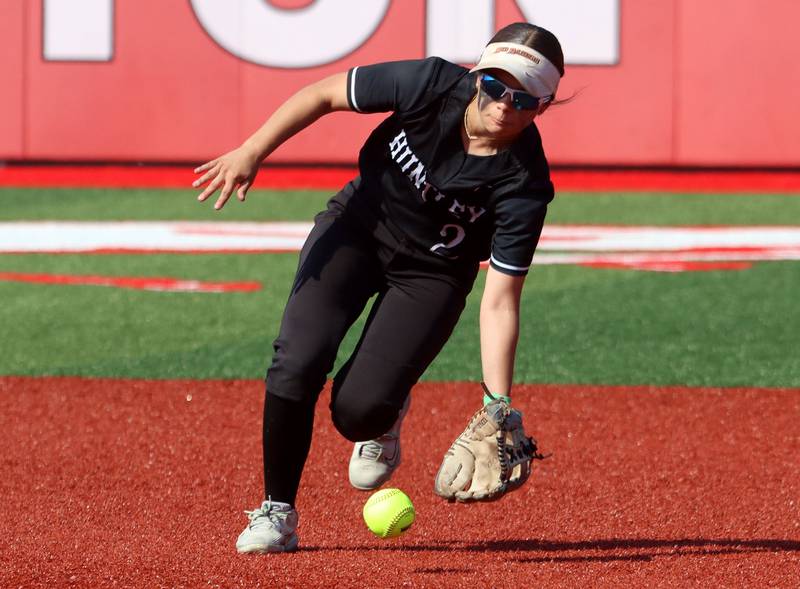 Huntley’s Sadie Svendsen fields a sharp grounder against Barrington in IHSA Class 4A Sectional Title Game softball action at the Fields of Dreams on the campus of Barrington High School in Barrington on Friday, June 6, 2025.