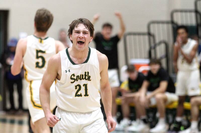 Crystal Lake South’s Cooper LePage gets revved up against Huntley in varsity boys basketball at Crystal Lake Friday night.