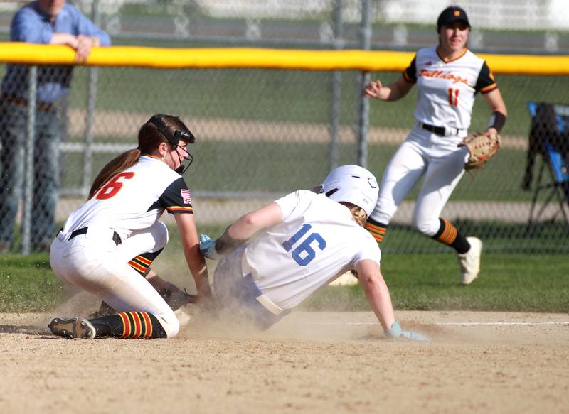 Batavia's Leah Paganelis gets Geneva's Megan O'Connor out at third during a game on Tuesday, May 6, 2025 in Batavia.