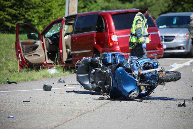 Two people were taken to area hospitals with injuries considered life-threatening following a motorcycle versus minivan crash on Saturday, May 25, 2024, at Route 176 and Dean Street in Lakewood.