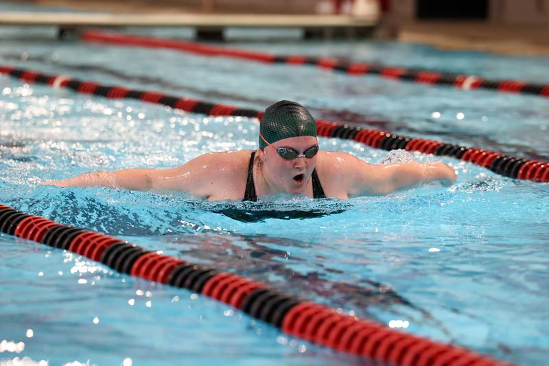 Bishop McNamara's Payton Fritz competes in the 100-yard butterfly during Bradley-Bourbonnais' victory over Kankakee and Bishop McNamara in the All-City swim meet on Tuesday, Sept. 9, 2025.