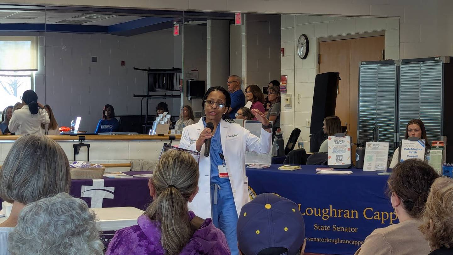 Dr. Gamilah Pierre, a board-certified obstetrician-gynecologist at Silver Cross Hospital in New Lenox, discusses menopause symptoms and treatments at State Sen. Meg Loughran Cappel’s Women’s Health Care Expo on Saturday, March 21, 2026, at the C.W. Avery Family YMCA in Plainfield.