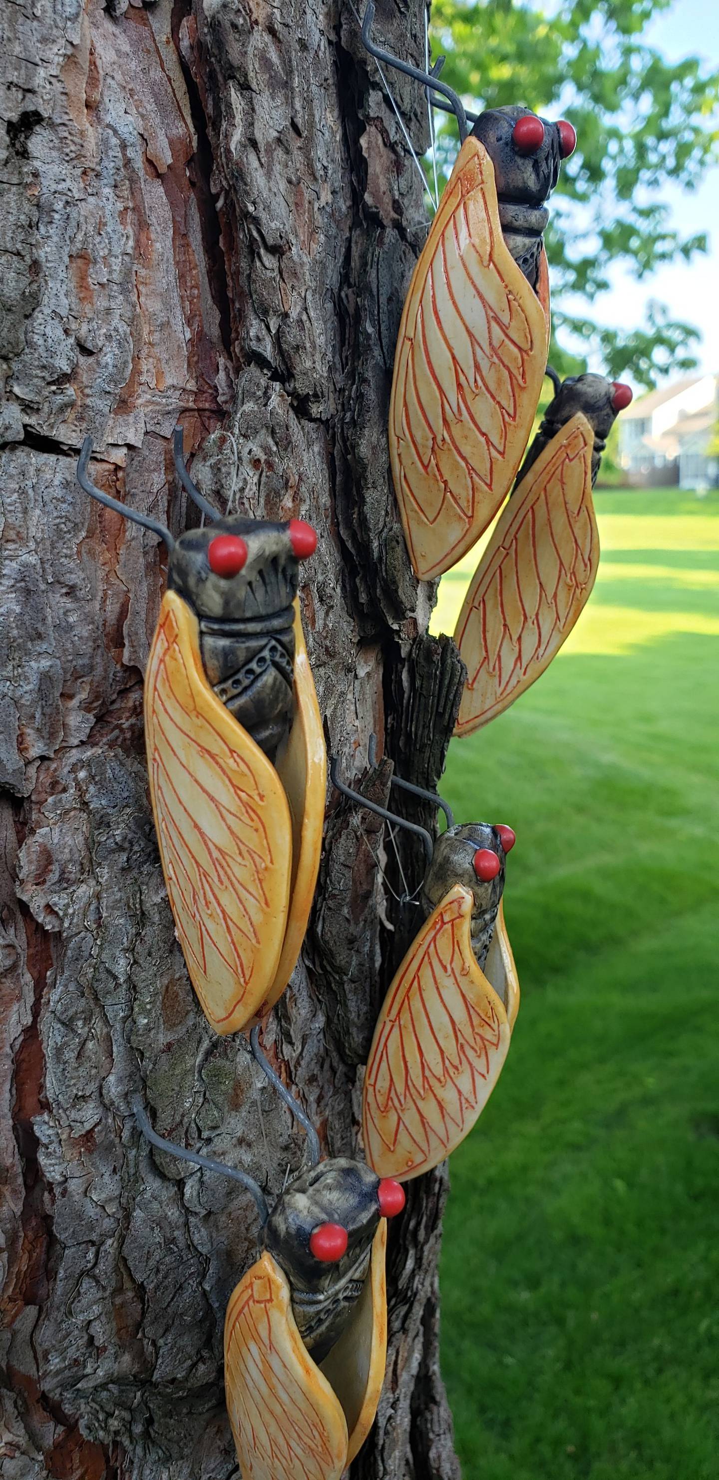 Clay cicadas made by artist Janell Mayer. Mayer is selling them out of Artisans on Main in Woodstock.