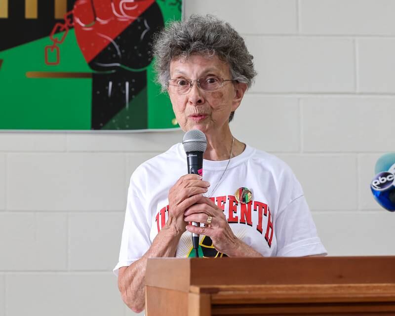 Linda Fox speaks during the Juneteenth Celebration in La Grange. June 20, 2022