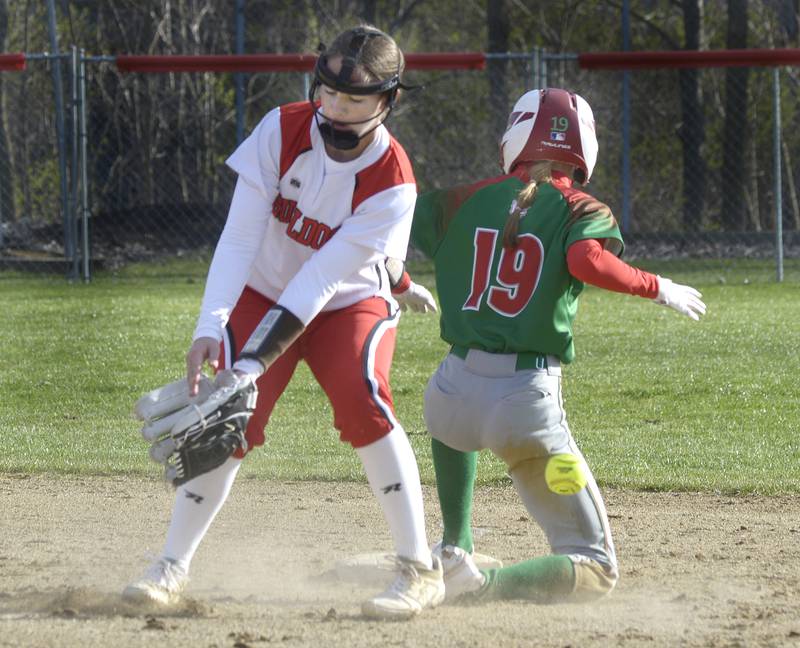 A throw to 2nd base gets by Streator’s Caitlyn Talty as La Salle Peru’s Lydia Steinbach gets in safely in the 2nd inning Wednesday at Streator.