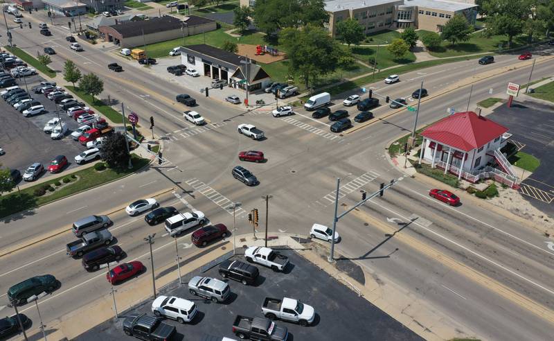An aerial view of the intersection of Illinois Route 23 and Norris Drive on Friday, Aug. 15, 2025 in Ottawa. The intersection sees some of the most accidents and is also the busiest intersection in La Salle County.