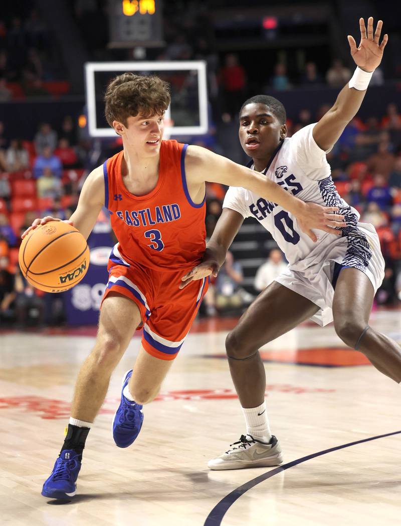 Eastland's Tanner Stern goes baseline against Chicago Hope Academy's TJ Hueston during their IHSA Class 1A state championship game Saturday, March 15, 2025, in the State Farm Center at the University of Illinois in Champaign.