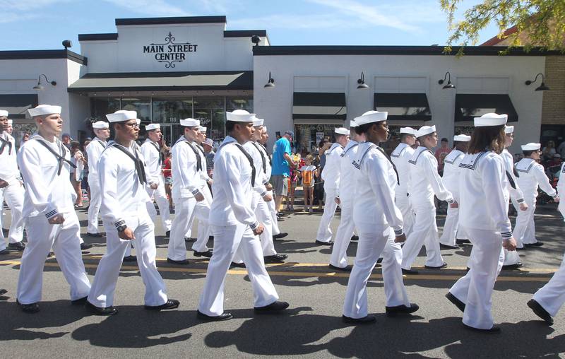 Recruits from the Naval Station Great Lakes march down Main Street on Monday, May 29, 2023, during the Wauconda Memorial Day Parade.