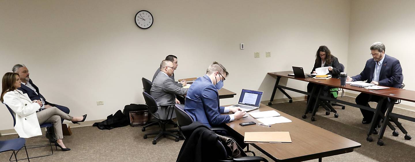 McHenry County sheriff candidate Tony Colatorti listens to proceedings during a hearing of McHenry County Electoral Board on Monday, March 28, 2022, at the McHenry County Administration Building in Woodstock. The hearing is the result of an objection filed the week prior by William Brogan and Joel Brumlik disputing Colatorti's qualifications to run for the position of McHenry County sheriff.