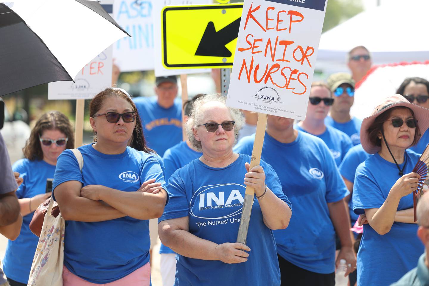 Nurses and supporters gather outside Ascension Saint Joseph-Joliet hospital on the first day of a two day strike, followed by a two day lockout on Tuesday, Aug. 22, 2023.