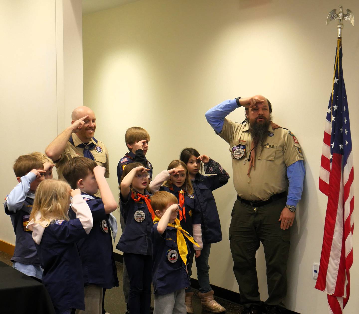 Cub Scout Pack 131 leads the Pledge of Allegiance at the DeKalb City Council meeting on Monday, Feb. 23, 2026, at the DeKalb Public Library.