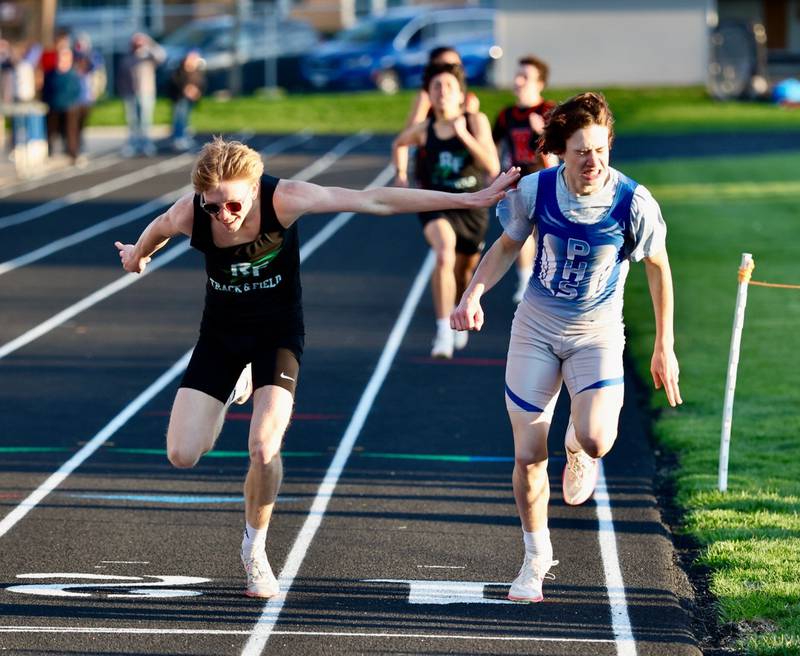 Princeton's Tyler VandeVenter edges Rock Falls' Jeffrey Sommer in the 800 meters in Monday's Ferris Invite at Princeton.