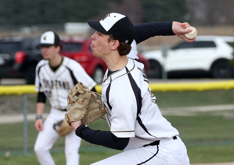 Sycamore's Cal Harbecke delivers a pitch during their game against St. Charles North Thursday, April 10, 2025, at the Sycamore Sports Complex.