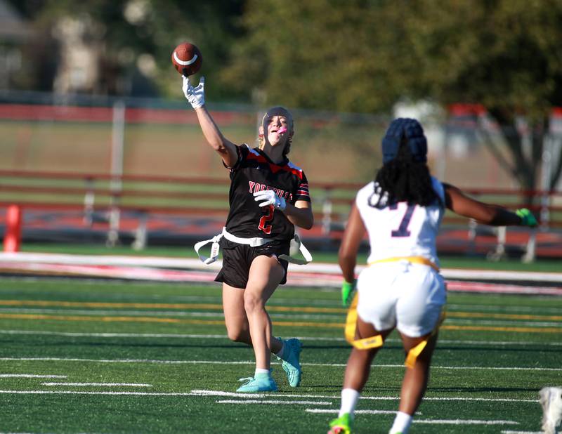 Yorkville’s Brooke Ekwinski throws the ball during a flag football game Wednesday, Sept. 4, 2024 against West Aurora in Yorkville.