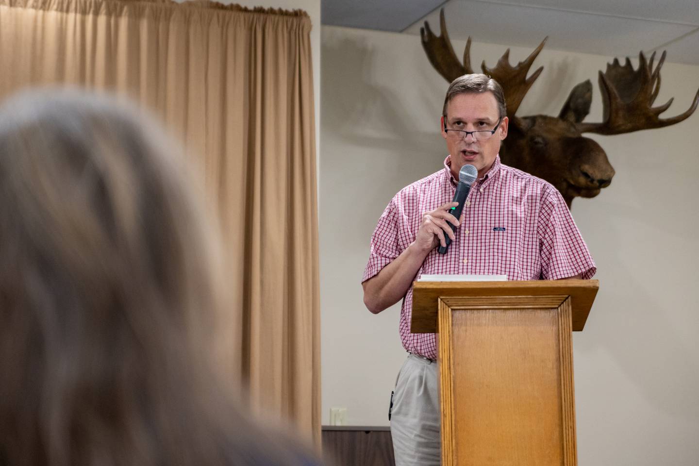 Bureau County Coroner Candidate Kurt Workman talks to crowd at debate on Wednesday, October 2, 2024 at Moose Lodge in Princeton.