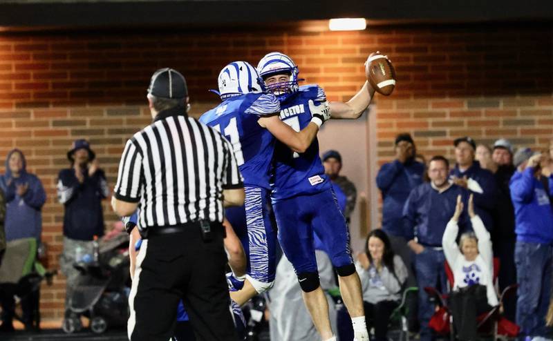 Princeton quarterback Gavin Lanham celebrates his 42-yard, second-quarter touchdown against Rockridge Friday night at Bryant Field. The Rockets won 36-29.