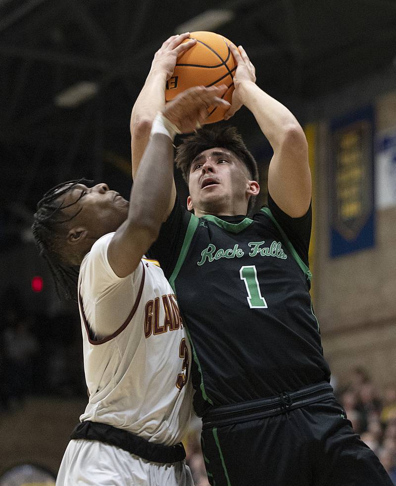 Rock Falls’ Austin Castaneda puts up a shot against Christ the King’s Mike Thomas Monday, March 10, 2025, during the Class 2A boys basketball Supersectional in Sterling.