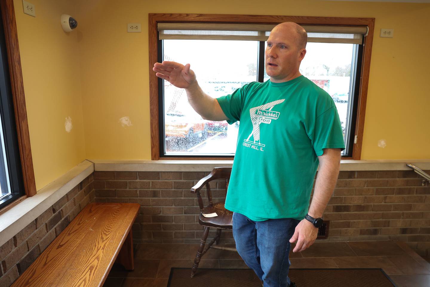Bullet holes are plastered over as Merichka’s manager Ryan George describes the events of the shooting that riddled the building on Tuesday afternoon.