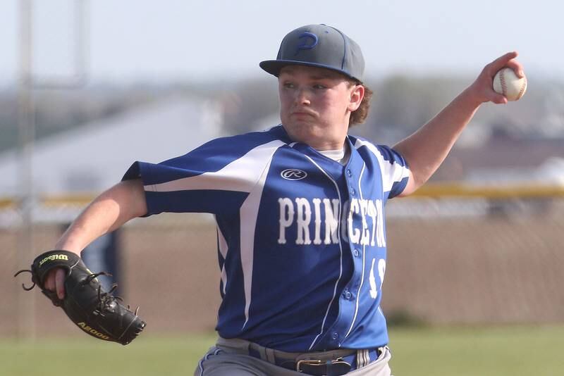 Princeton's Tyler Forristall lets go of a pitch to Bureau Valley on Thursday, April 25, 2024 at Bureau Valley High School.