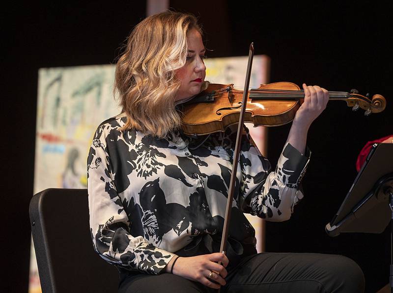 Violin artist Eleanor Bartsch plays her part of “The Bullfighter’s Prayer,” Wednesday, Jan. 11, 2023 with the Kontras String Quartet at Dixon Stage Left.