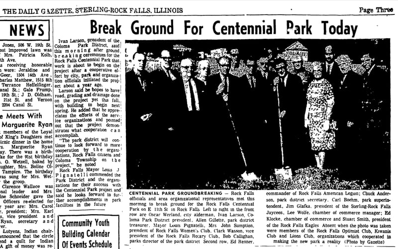 The Sept. 13, 1968 Sterling Daily Gazette featured information about the groundbreaking of Centennial Park in Rock Falls. The park is owned by the Coloma Township Park District, which turned 100 this year.