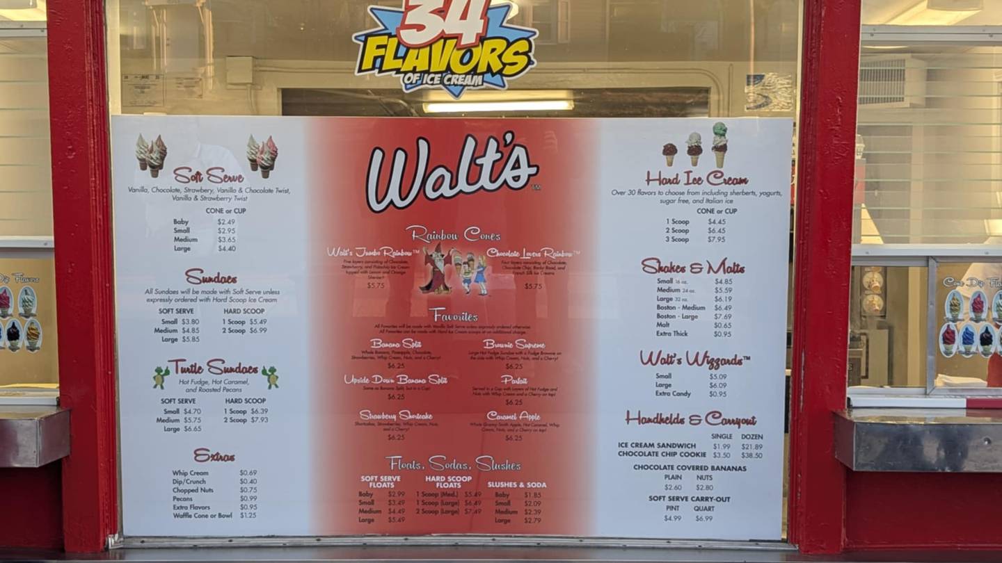 In addition to soft-serve ice cream with optional “dips,” sundaes and Wizards, Walt’s Ice Cream in Joliet also sells shakes, malts, floats, slushes and hard-serve ice creams. Walt's Ice Cream menu is seen on Saturday, March 1, 2025.
