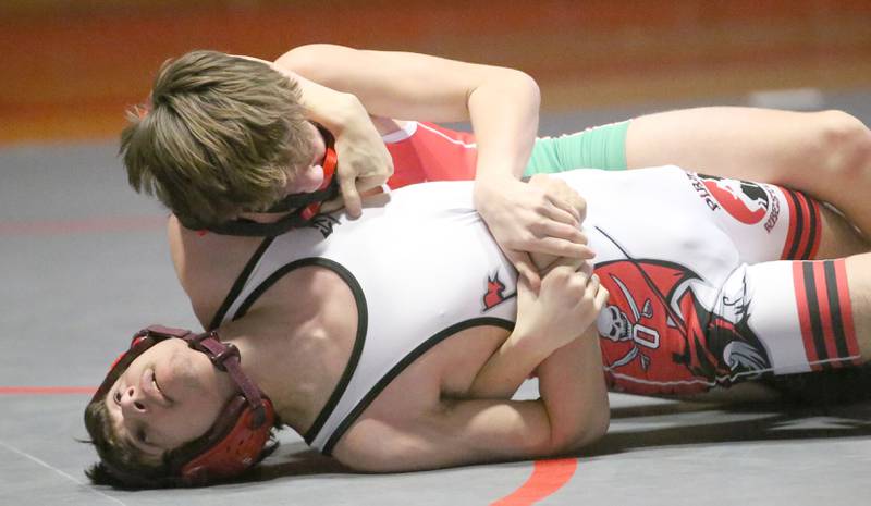L-P's Gianni Verucchi wrestles Ottawa's Ryan Rowe on Thursday, Jan. 9, 2025 in Sellett Gymnasium at L-P High School.