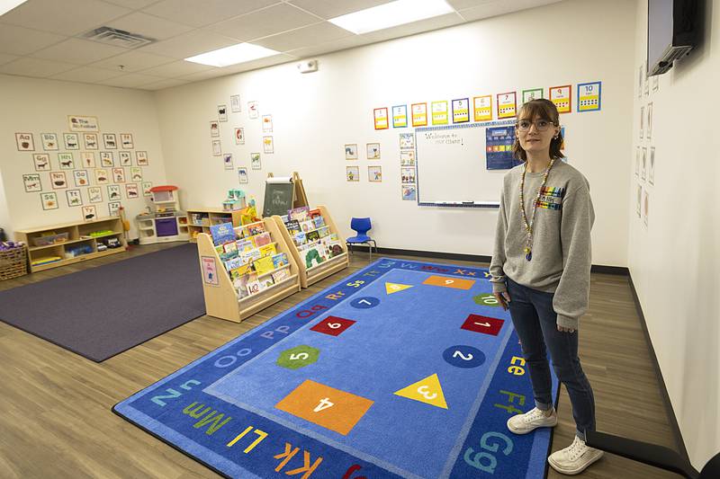 Teacher Ashley Foster tours her classroom Thursday, Jan. 9, 2025, during an open house of the YMCA Child Care Center.