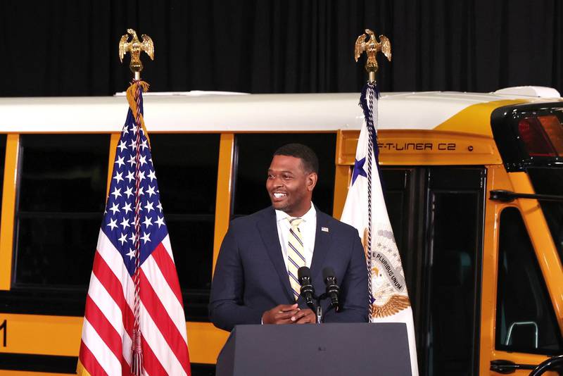 EPA Administrator Michael Regan speaks at an event with Vice President Kamala Harris highlighting the Biden-Harris Administration's investments in electric school buses at Lumen Field in Seattle on Wednesday, Oct. 26, 2022.