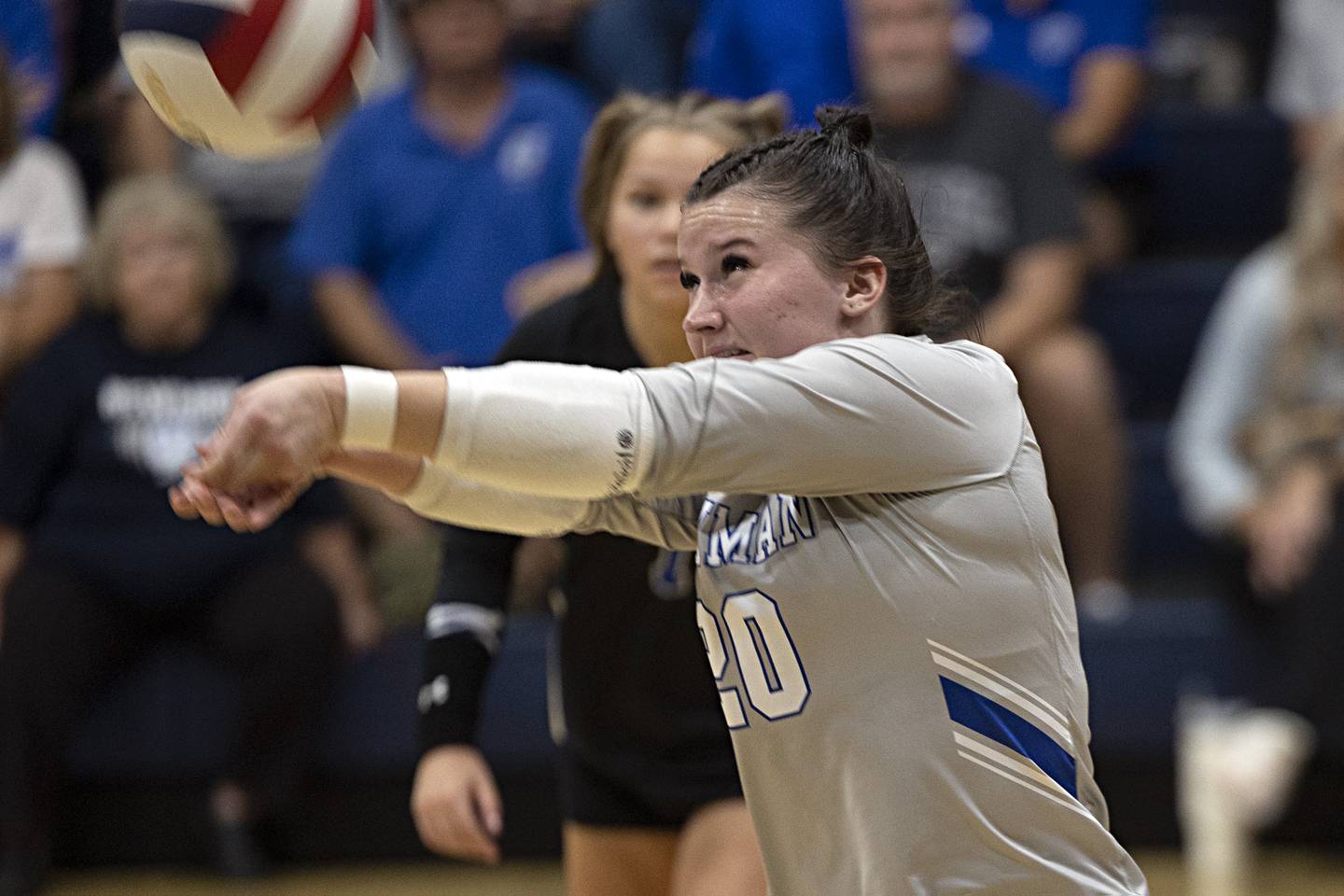 Newman’s Addison Foster plays a shot against Bureau Valley Thursday, Sept. 28, 2023 at Newman.