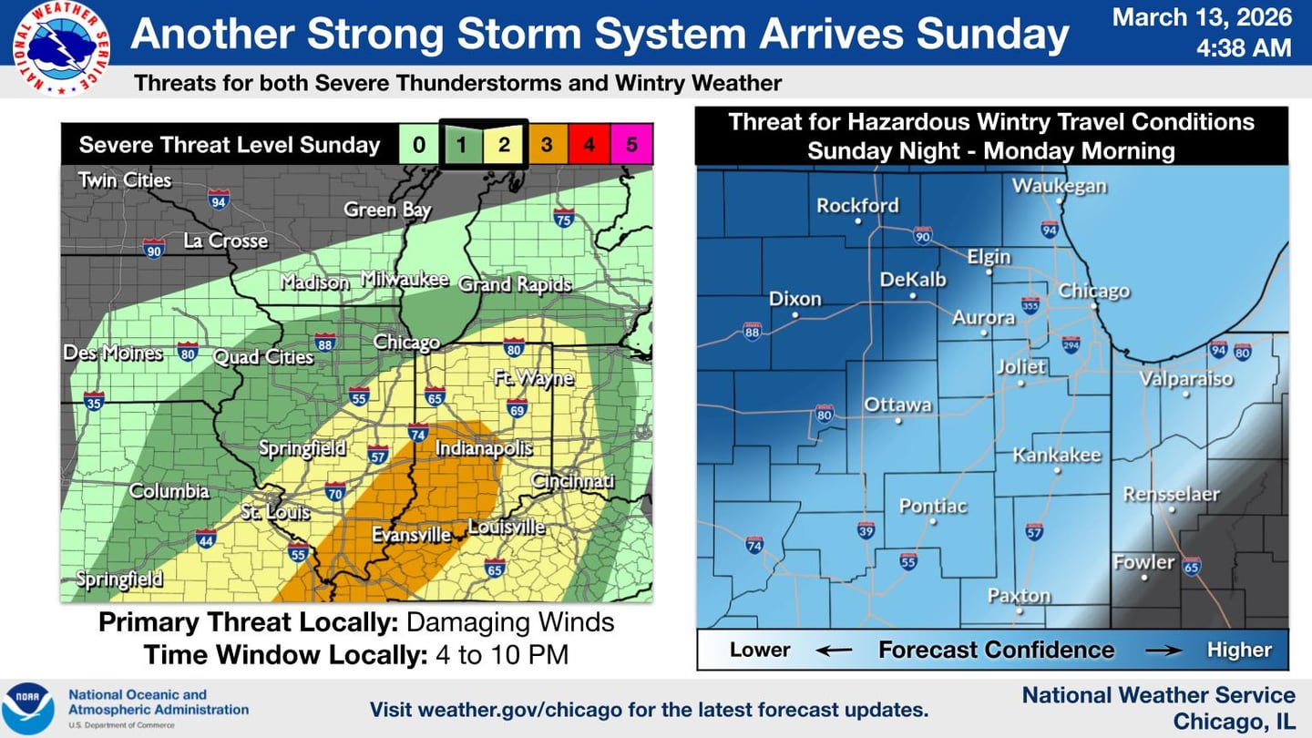 The storm potential for Sunday into Monday in northern Illinois