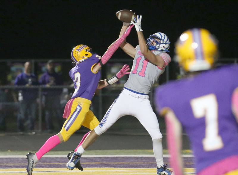 Princeton's Noah LaPorte makes a catch over Mendota's Rhett Watson on Friday, Oct. 11, 2024 at Mendota High School.