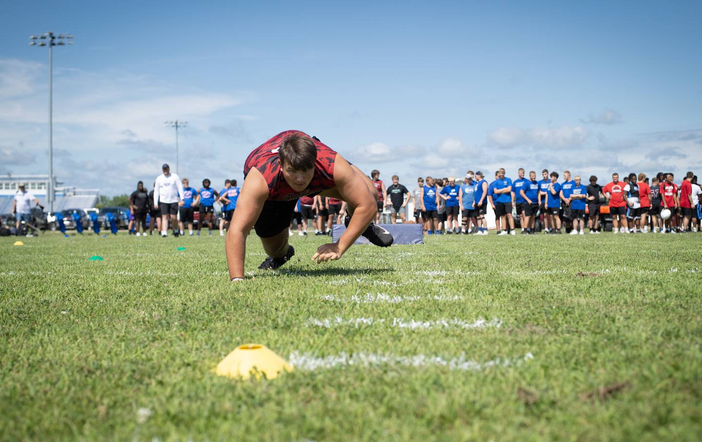 A Bradley-Bourbonnais player participates in the linemen challenge during the 7 on 7 football at Central High School on Saturday, July 12, 2025.