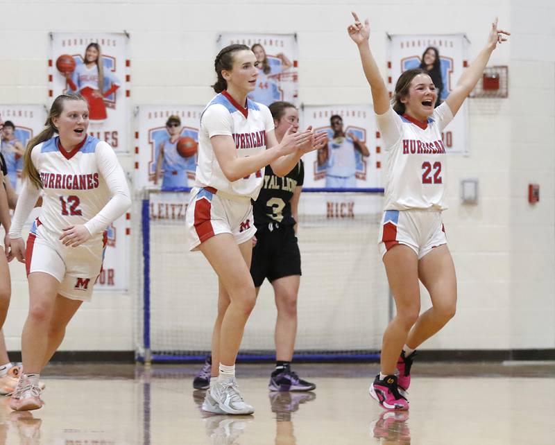 Marian Central's Jenna Remke, (right) Juliette Huff, (center) and Abbey Miner (left) celebrate their come from behind win over Rockford Christian in a nononference basketball game on Monday, Feb. 10, 2025, at Marian Central High School  in Woodstock.