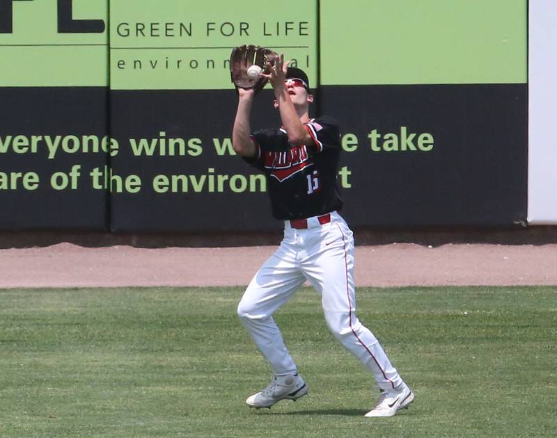 Henry-Senachwine's left fielder Preston Rowe makes a catch during the Class 1A State semifinal game on Friday, June 2, 2023 at Dozer Park in Peoria.