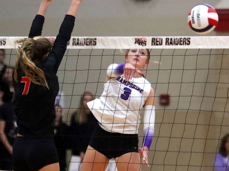 Hampshire’s Lily Ingve hits the ball in girls varsity volleyball at Huntley High School on Thursday, October 23, 2025.