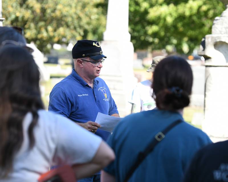 Wayne Mansfield speaks about Preston Jones during the Etched in Stone cemetery walk on Sunday Oct. 5, 2025, held at Elmwood cemetery in Sycamore.