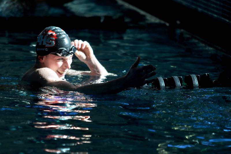 Huntley’s Benjamin Rocks is all smiles after the 50-yard freestyle at the Fox Valley Conference Boys Swimming Invite at Woodstock North on Saturday.